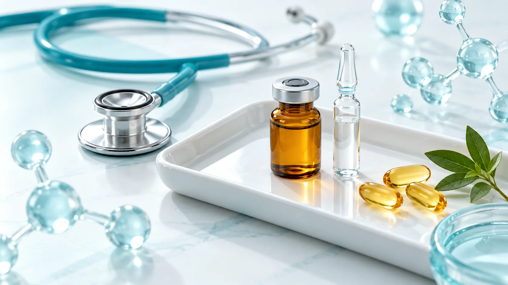 Frasco médico, ampolla, estetoscopio y elementos que representan antioxidantes