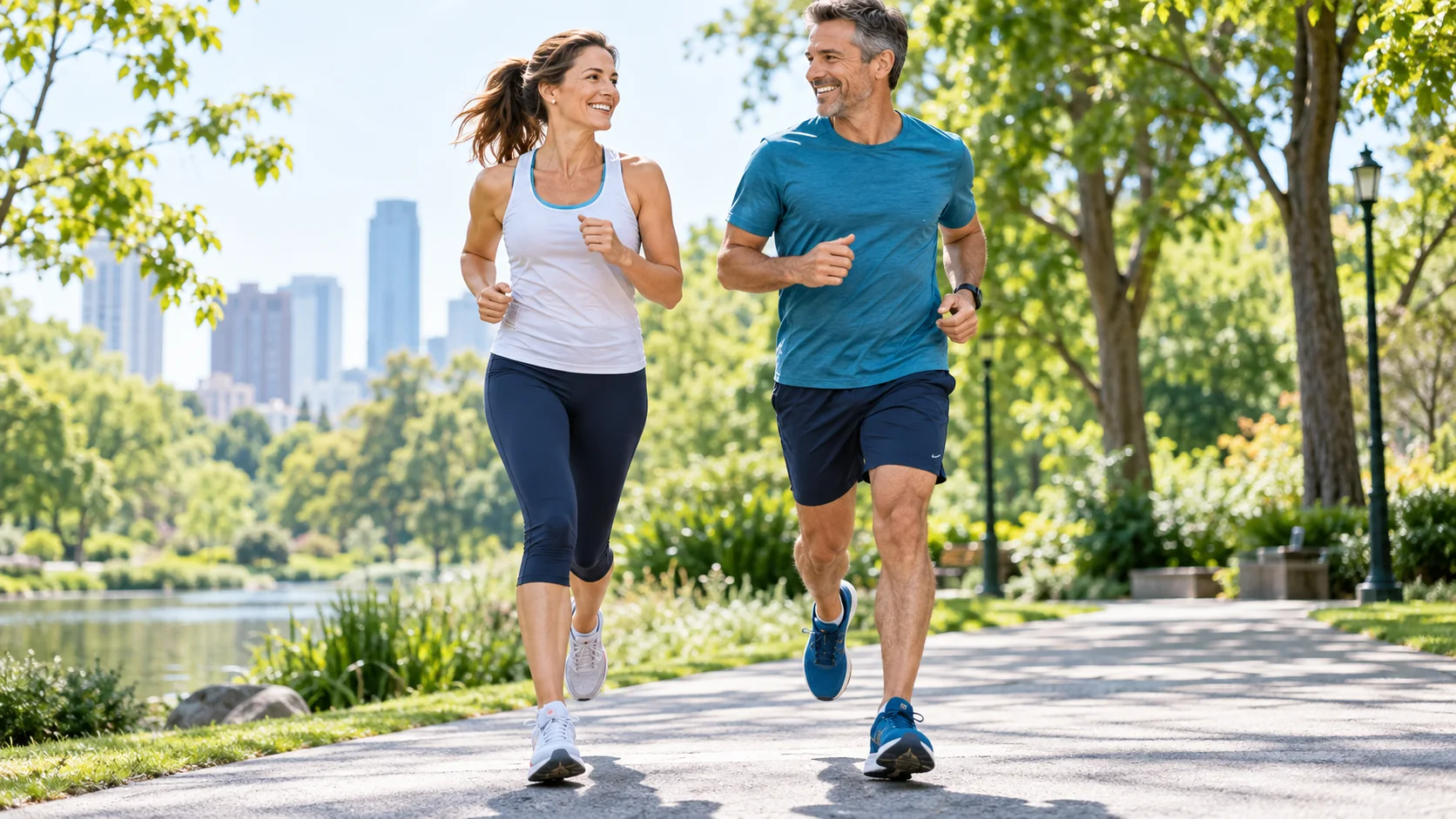 Mujer y hombre adultos corriendo juntos con energía